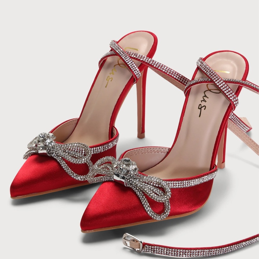 Elegant Red Satin Heels with Rhinestone Bow
